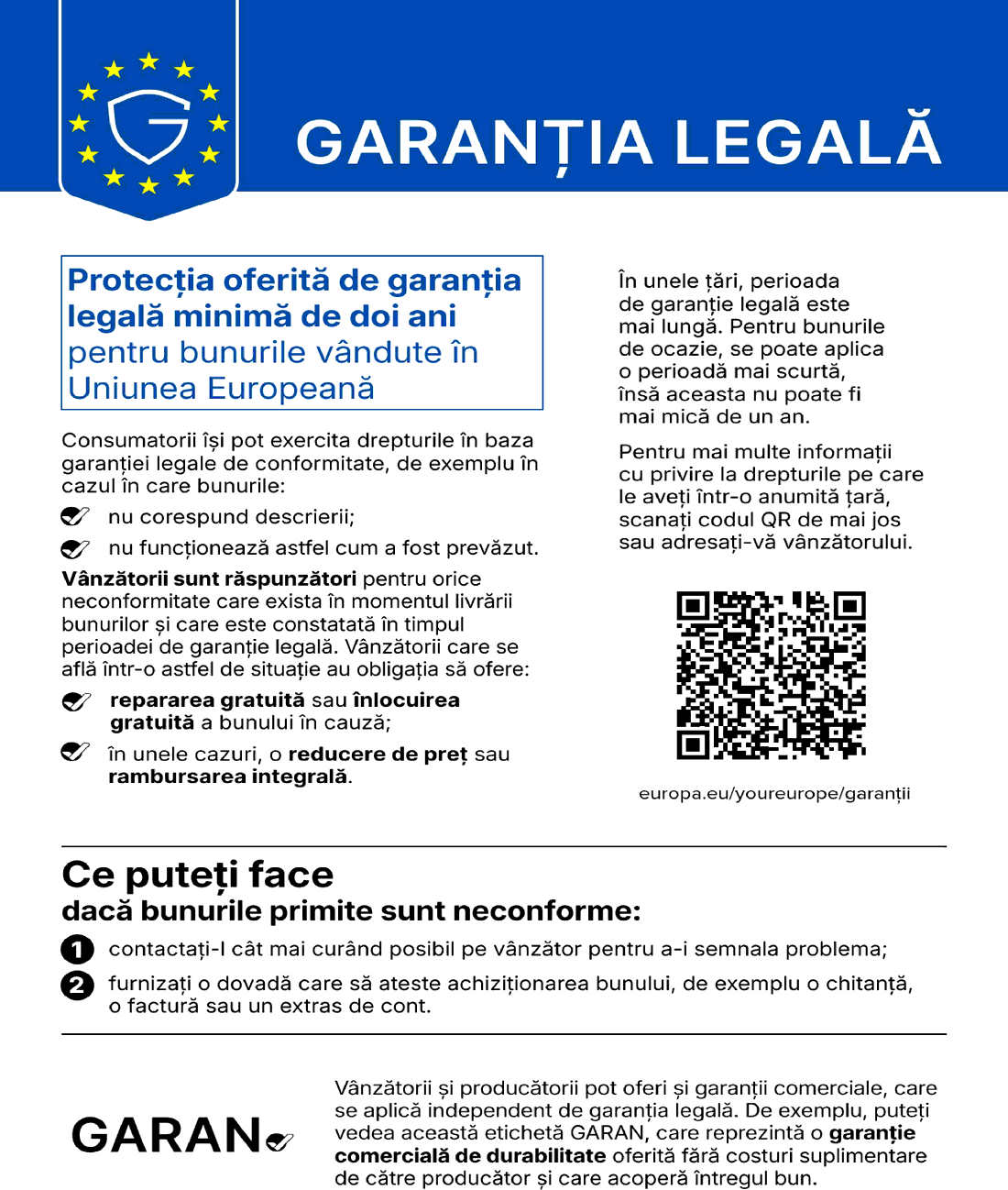 Garanție legală de conformitate — cel puțin doi ani (UE)
